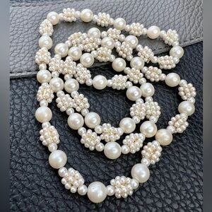 Vintage Elegant White Woven Faux Seed Pearl Station Necklace 26” Long